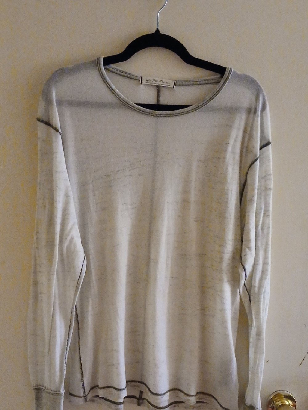 We The Free Sheer/burnout Long Sleeve Crewneck Top in Off-White with Gray Trim